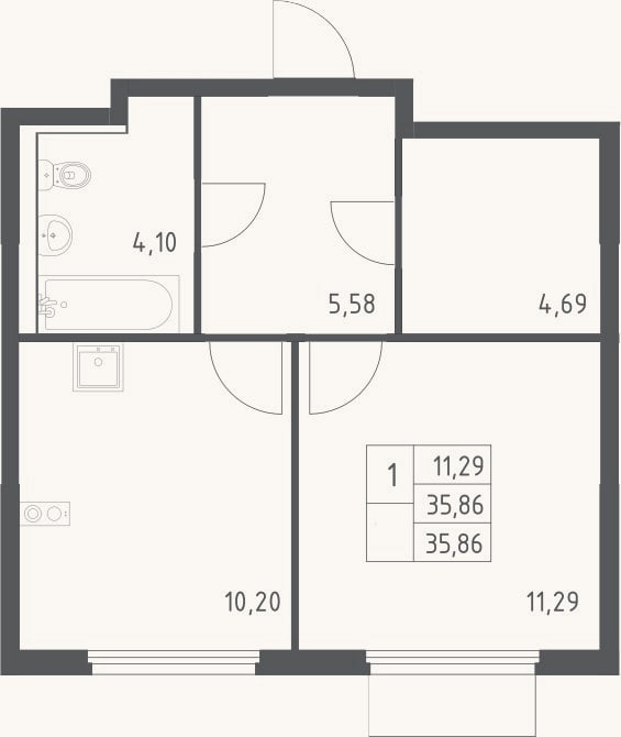 Планировка: 1-к, 35,9 м²