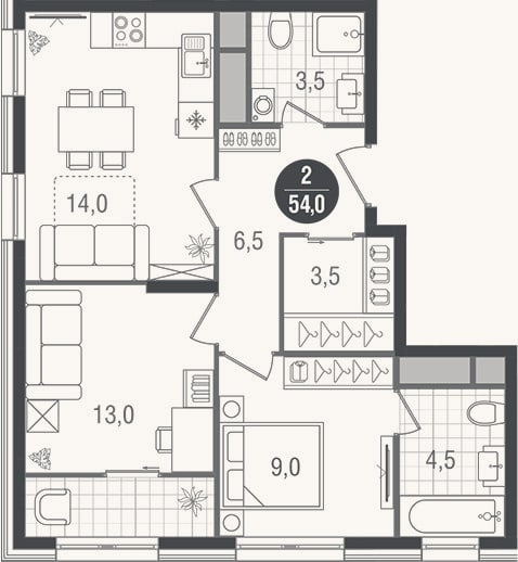 Планировка: 2-к, 54 м²