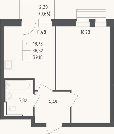 Планировка: 1-к, 38,5 м²