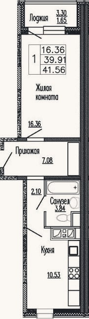 Планировка: 1-к, 41,4 м²