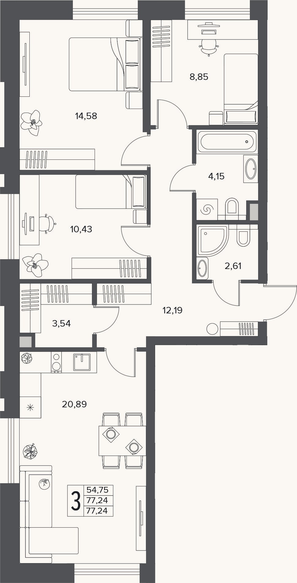 Планировка: 4+ к, 77,2 м²