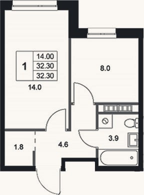 Планировка: 1-к, 32,3 м²