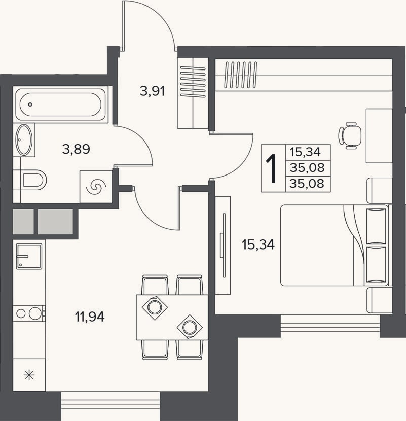 Планировка: 1-к, 35,1 м²