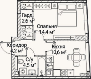 Планировка: 1-к, 36,3 м²