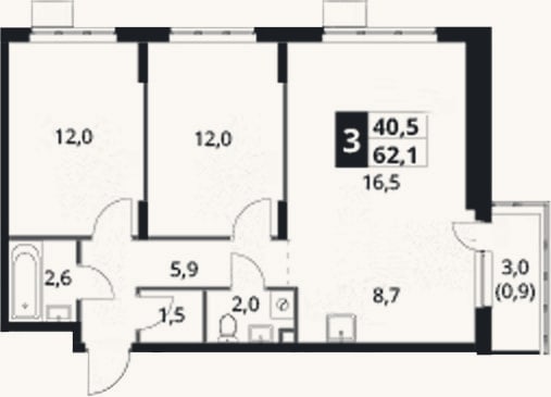 Планировка: 3-к, 61,2 м²