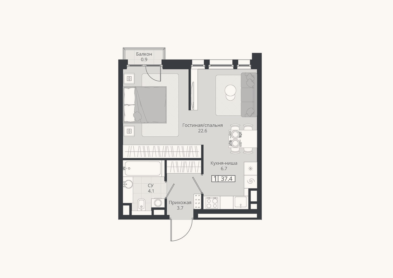 Планировка: 1-к, 37,1 м²