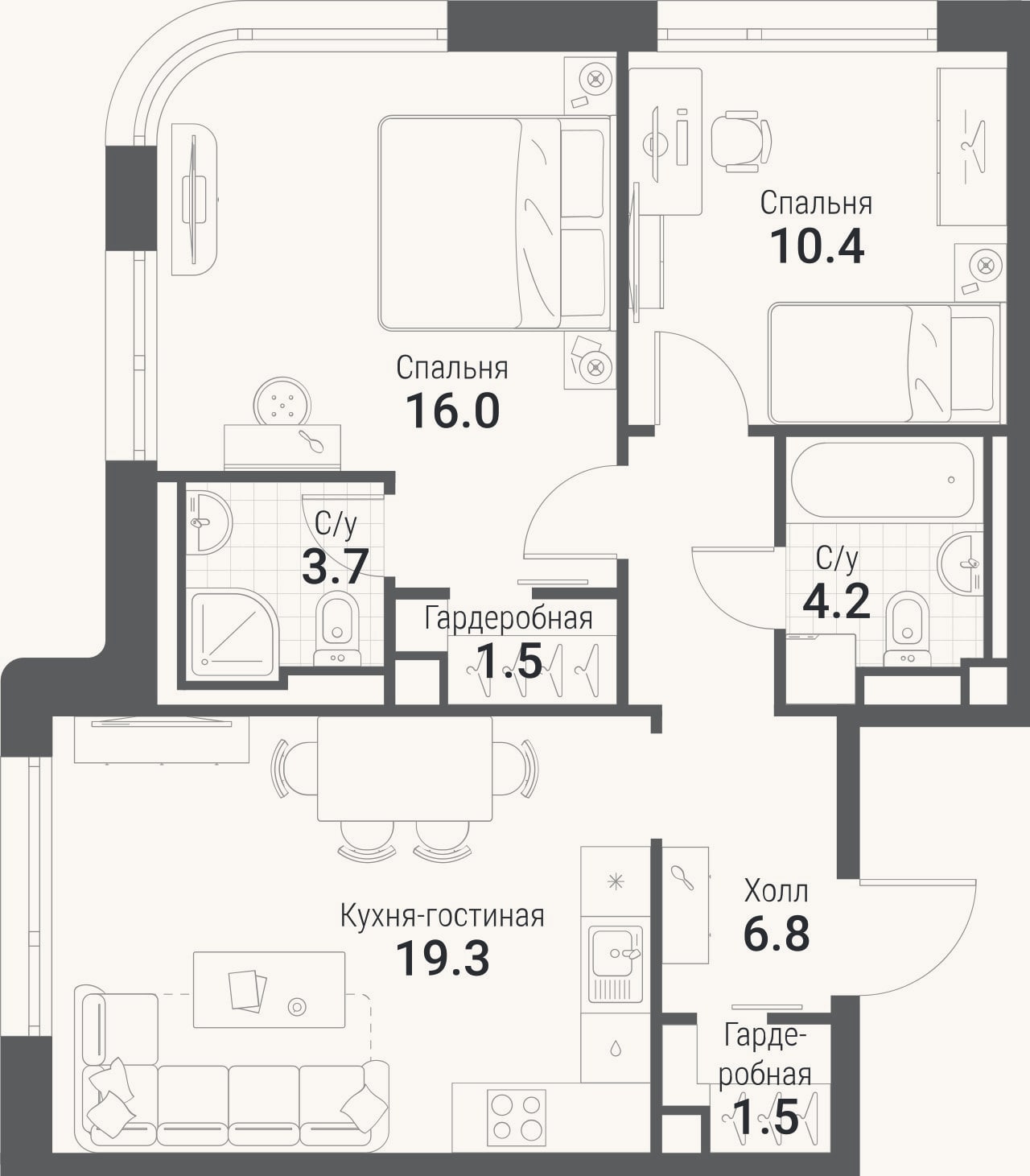 Планировка: 3-к, 63,2 м²