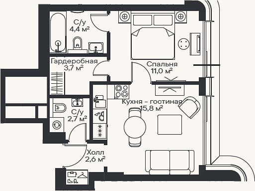 Планировка: 2-к, 40,2 м²