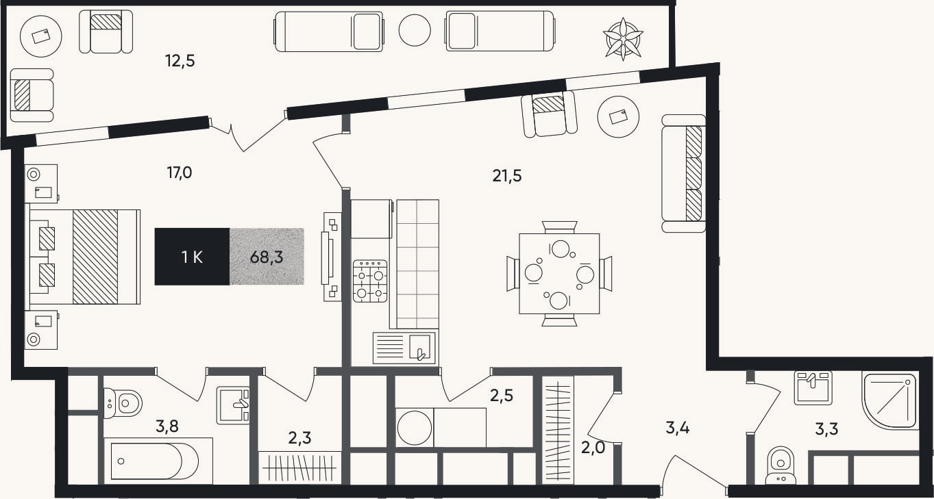 Планировка: 2-к, 55,8 м²