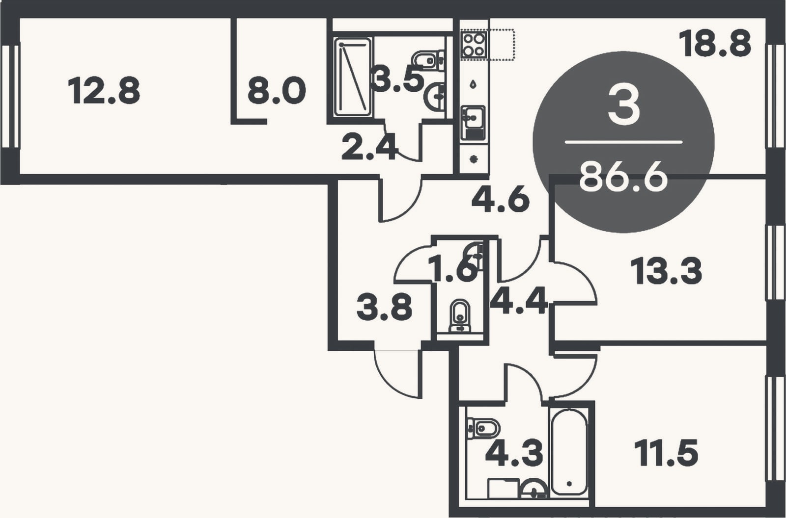 Планировка: 3-к, 86,6 м²