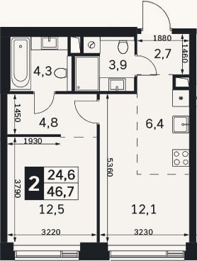 Планировка: 2-к, 46,7 м²