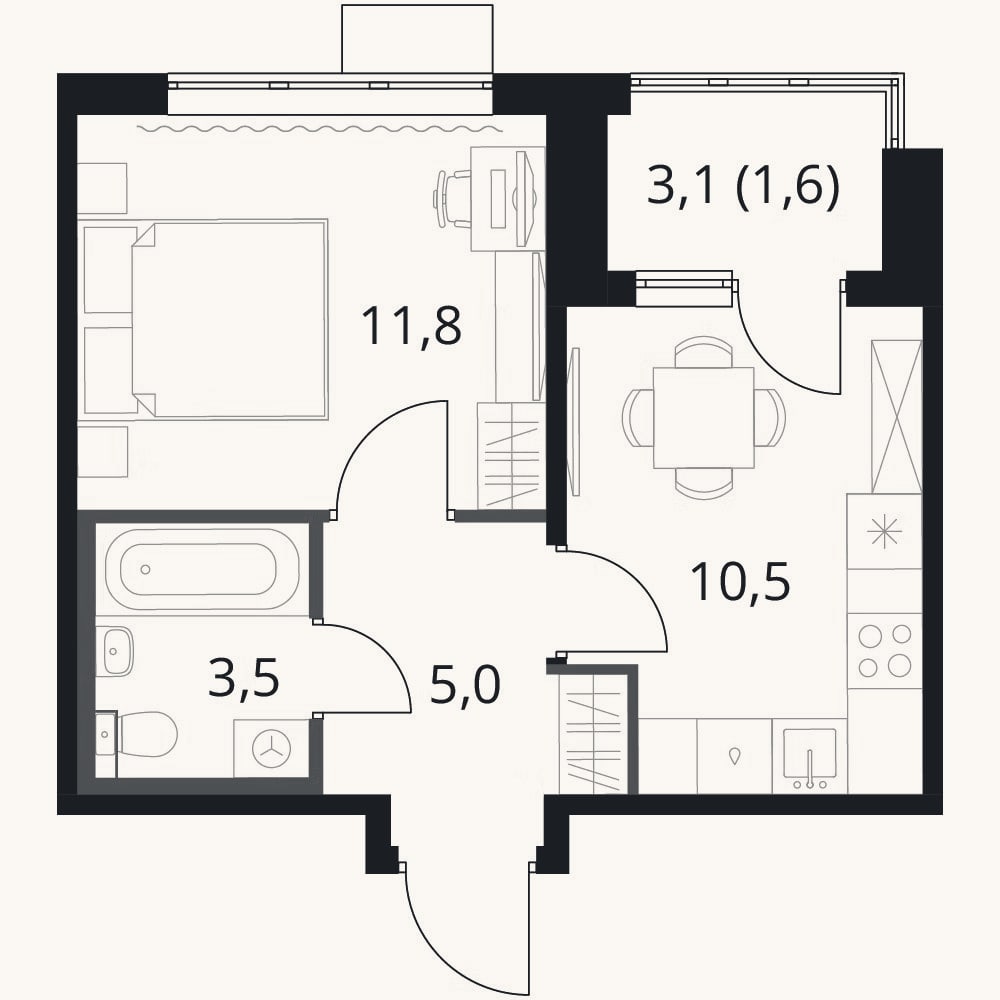 Планировка: 1-к, 30,8 м²