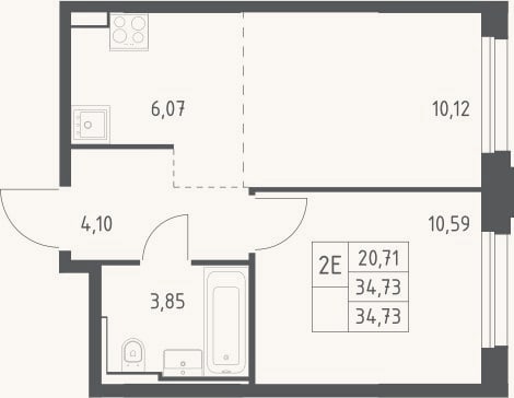 Планировка: 2-к, 34,7 м²