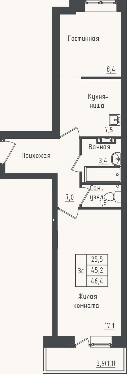 Планировка: 1-к, 45,2 м²