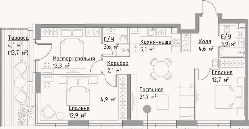Планировка: 4+ к, 84,8 м²