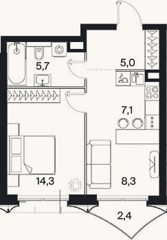 Планировка: 2-к, 40,4 м²