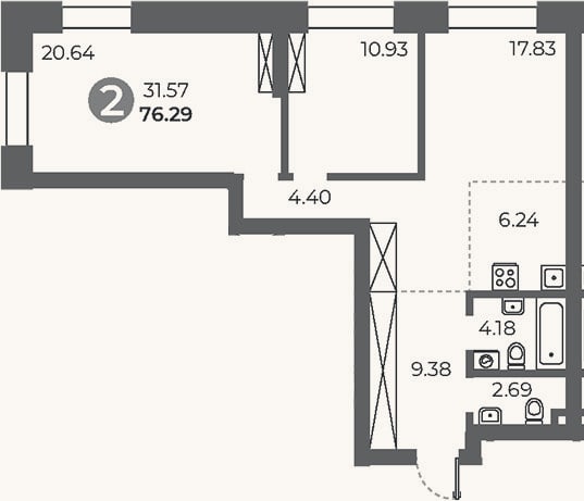 Планировка: 2-к, 76,3 м²