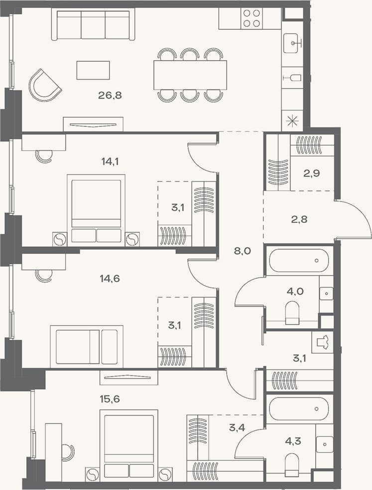 Планировка: 4+ к, 105,8 м²