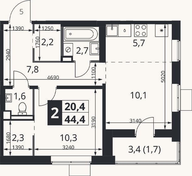 Планировка: 2-к, 42,7 м²