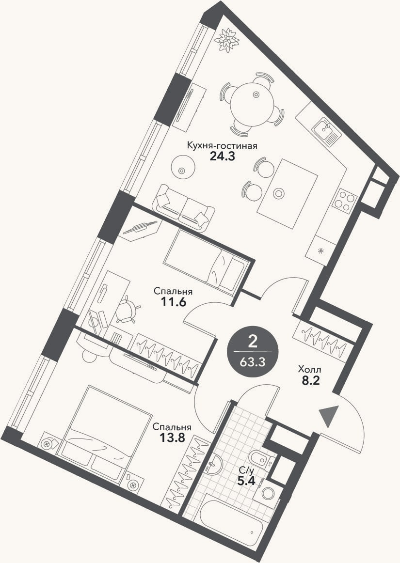 Планировка: 3-к, 63,3 м²