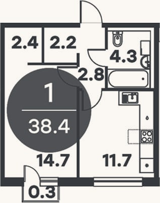 Планировка: 1-к, 38,1 м²