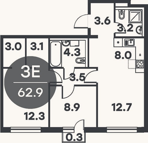 Планировка: 3-к, 62,6 м²