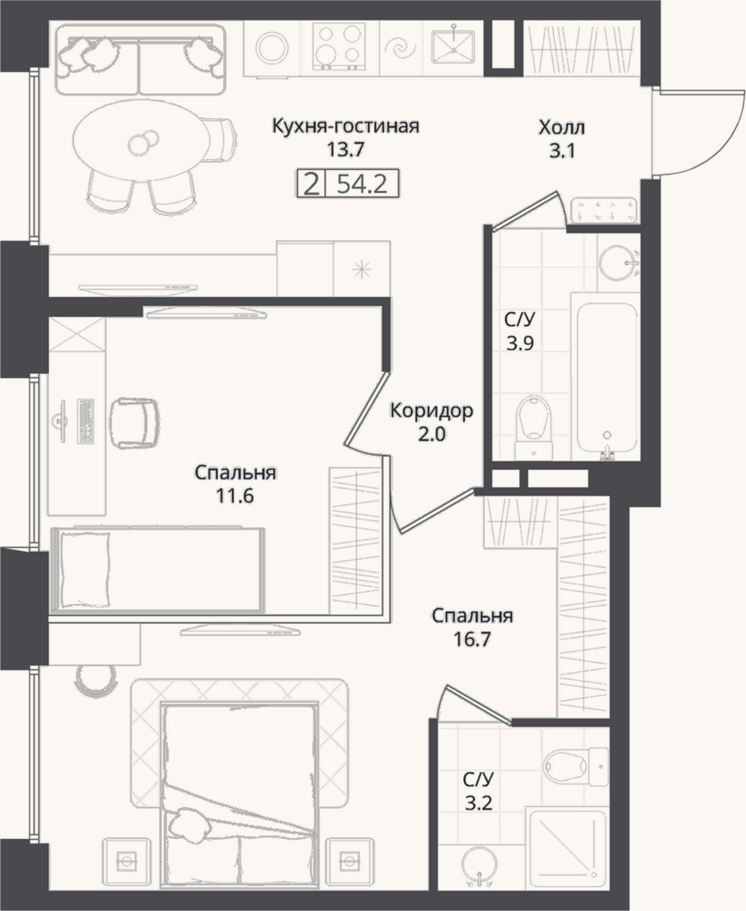 Планировка: 2-к, 54,2 м²