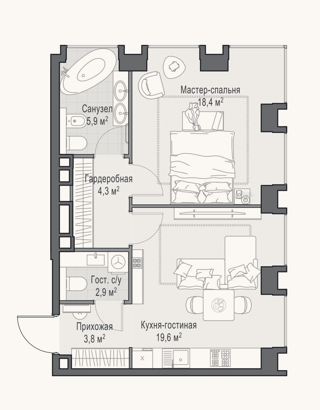 Планировка: 2-к, 55,5 м²