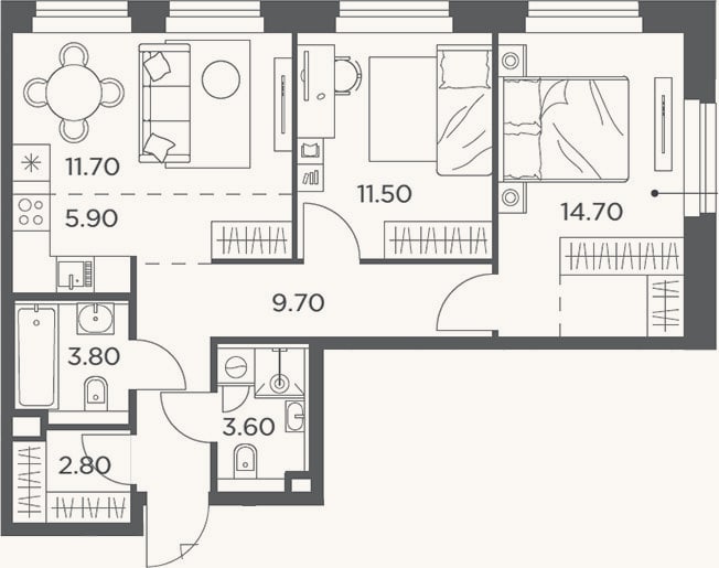 Планировка: 3-к, 63,7 м²