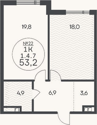 Планировка: 1-к, 53,2 м²