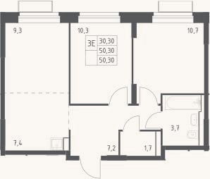 Планировка: 3-к, 50,3 м²