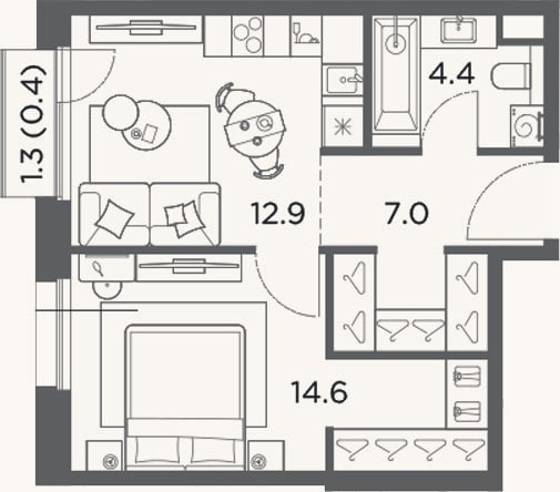 Планировка: 1-к, 38,9 м²