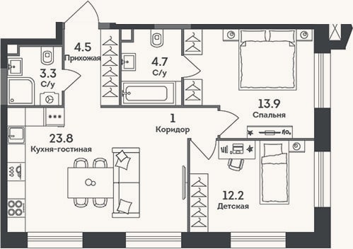 Планировка: 3-к, 63,4 м²