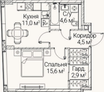 Планировка: 1-к, 38,6 м²