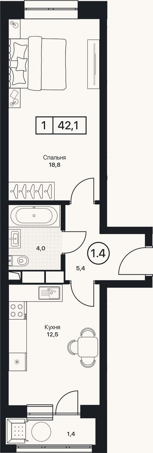 Планировка: 1-к, 40,7 м²