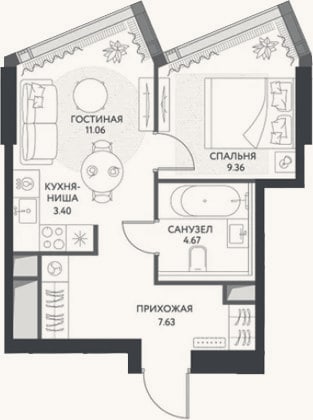Планировка: 2-к, 36,2 м²
