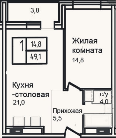 Планировка: 2-к, 45,3 м²