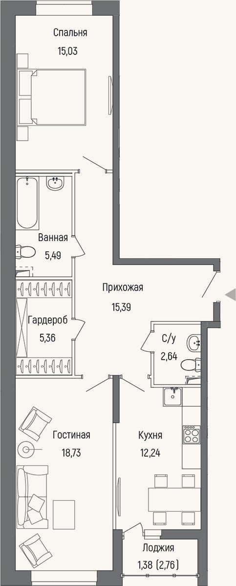 Планировка: 2-к, 74,9 м²