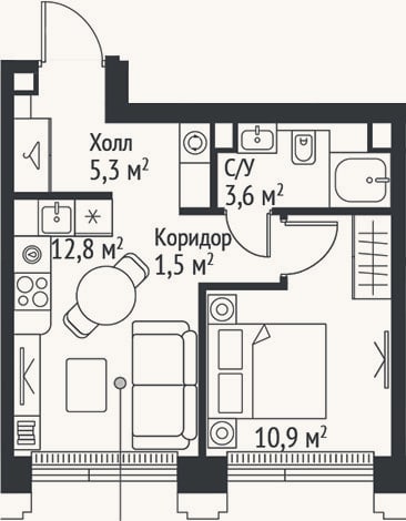 Планировка: 2-к, 34,1 м²