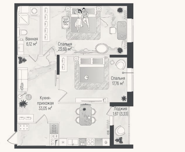 Планировка: 2-к, 80,1 м²