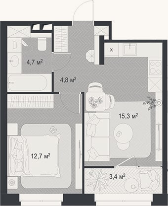 Планировка: 2-к, 37,5 м²