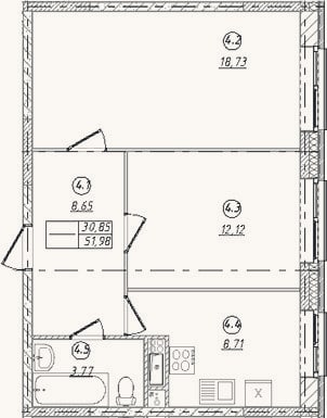 Планировка: 2-к, 52 м²