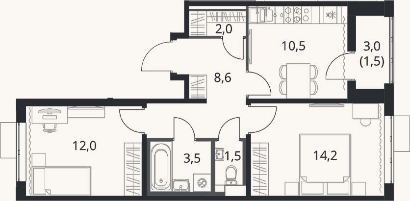 Планировка: 2-к, 52,3 м²