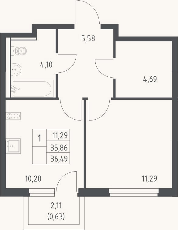 Планировка: 1-к, 35,9 м²