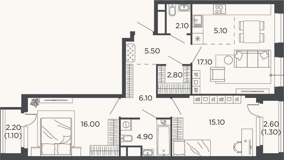 Планировка: 3-к, 74,7 м²