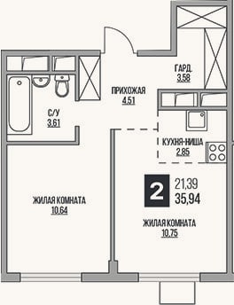 Планировка: 2-к, 35,9 м²