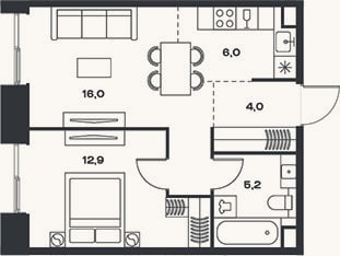Планировка: 2-к, 44,1 м²