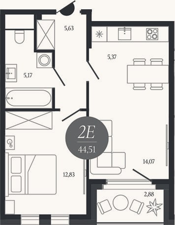 Планировка: 2-к, 43,1 м²
