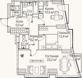 Планировка: 2-к, 65 м²