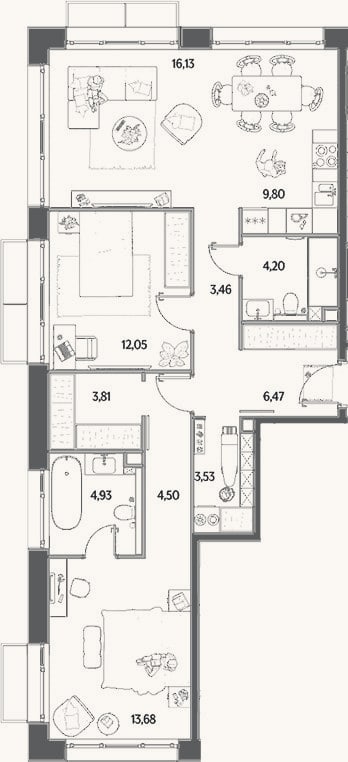 Планировка: 3-к, 82,6 м²